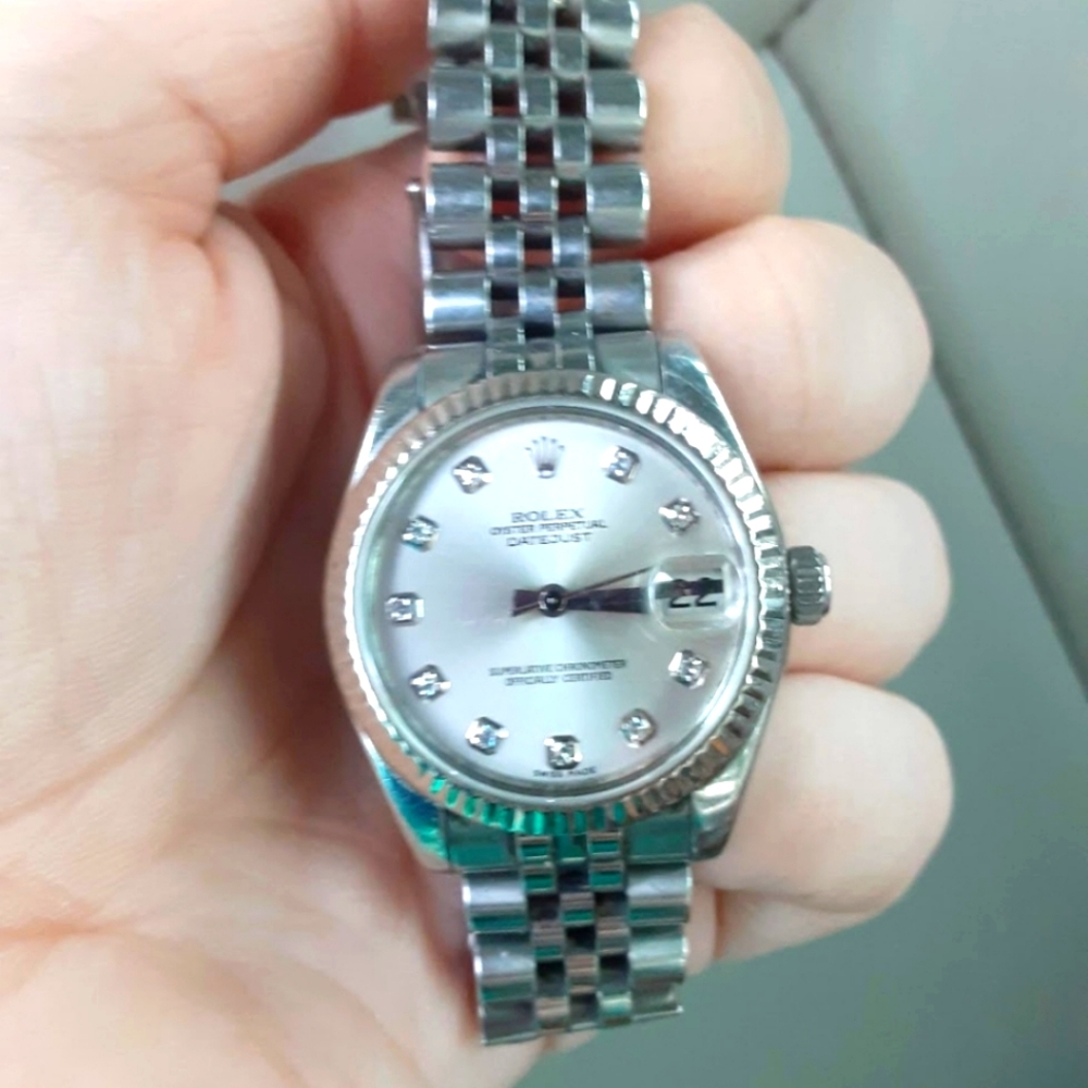 WOMEN'S DATEJUST DIAMOND DIAL FLUTED BEZEL 64160 WHITE GOLD stainless 31MM
